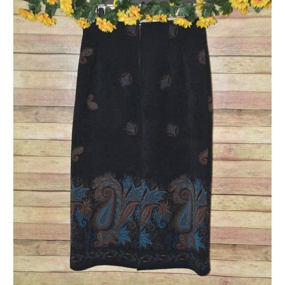 Pretty Briggs New York Vintage Paisley Print Midi Skirt 14 Black Pencil Style - Picture 5 of 10